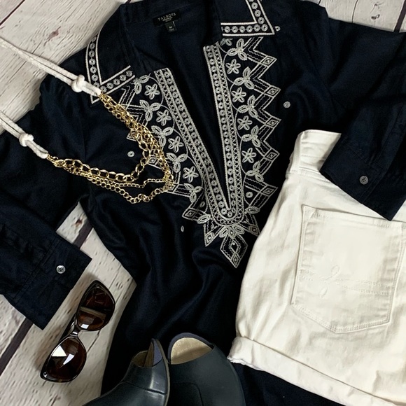 Talbots Tops - Talbots 3/4 Sleeve Embroidered Navy Tunic Top 4P